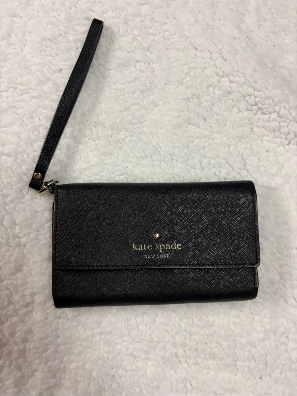 kate spade Black Saffiano Wristlet Clutch with Gold Logo